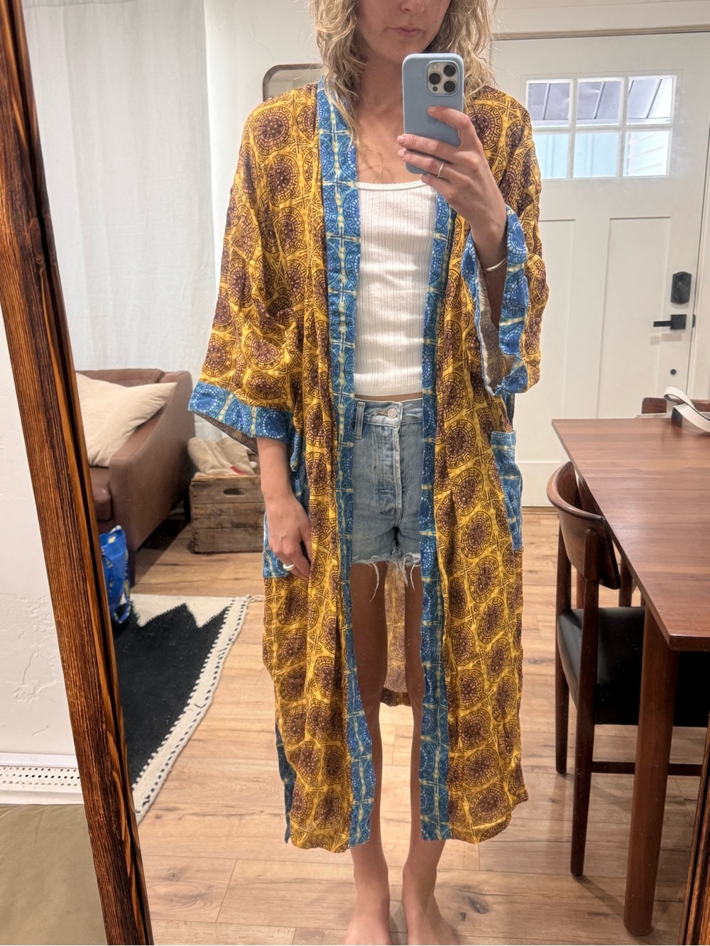 Sage x Clare Gabriella Cotton Kimono Robe Mustard Blue